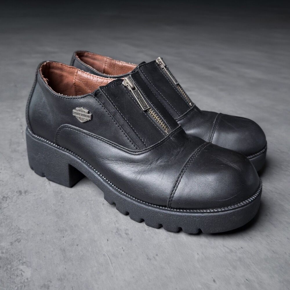 Harley Davidson Womens Black Leather Front Zip Platform Chunky Heel Shoes 10 Y2K